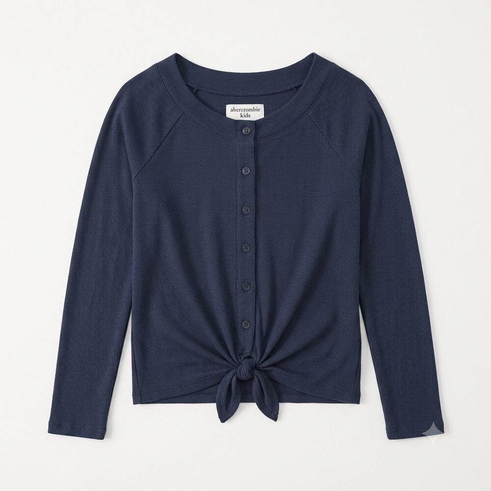 ABERCROMBIE KIDS Stretchy Ribbed Tie Front Button Down Shirt Blue Girls 13 14